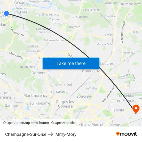 Champagne-Sur-Oise to Mitry-Mory map