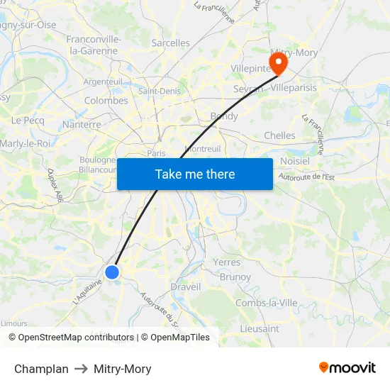 Champlan to Mitry-Mory map
