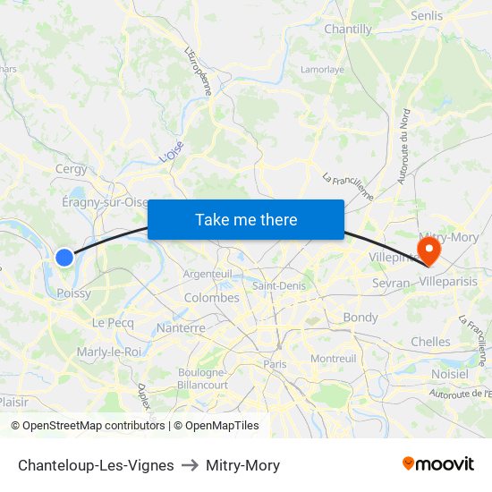 Chanteloup-Les-Vignes to Mitry-Mory map