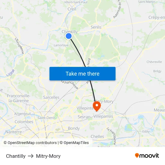 Chantilly to Mitry-Mory map