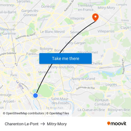 Charenton-Le-Pont to Mitry-Mory map