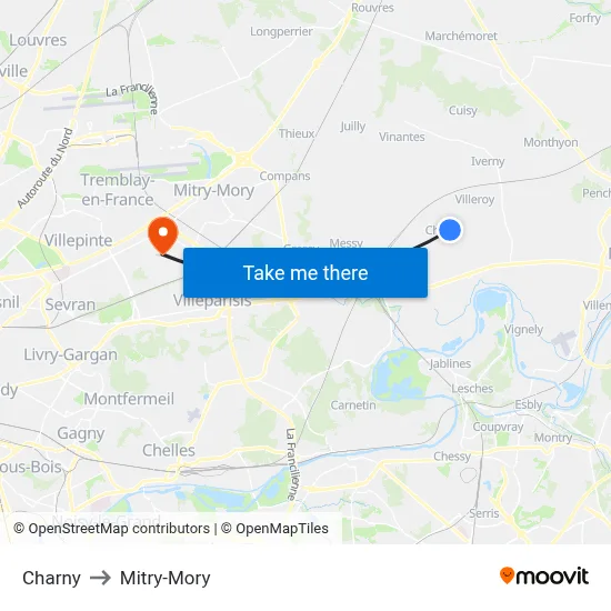 Charny to Mitry-Mory map