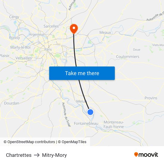 Chartrettes to Mitry-Mory map