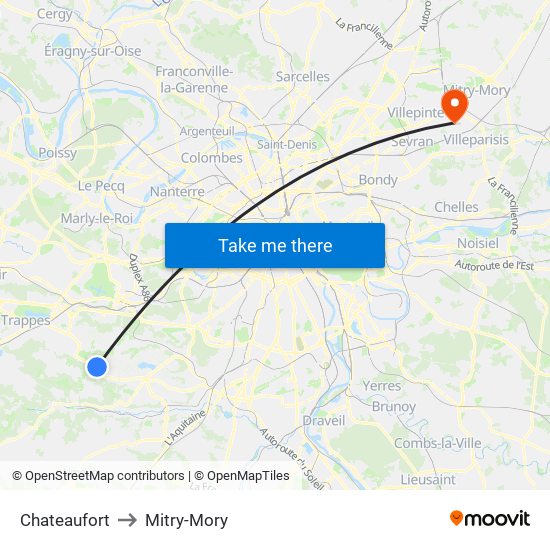 Chateaufort to Mitry-Mory map