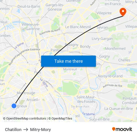 Chatillon to Mitry-Mory map