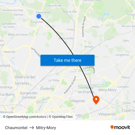 Chaumontel to Mitry-Mory map