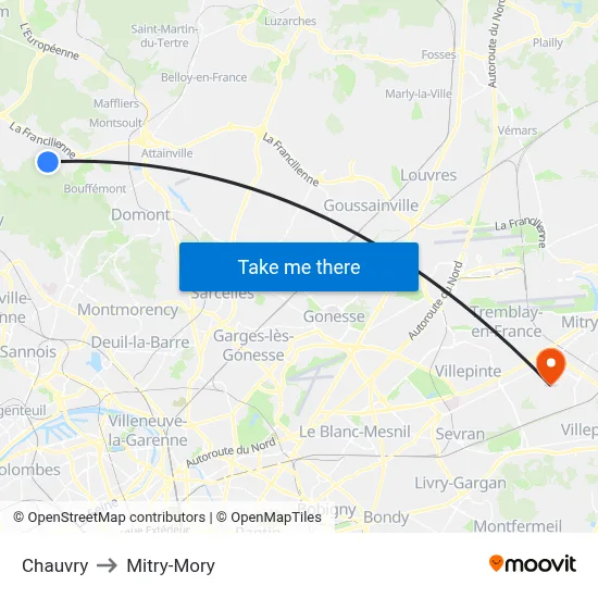 Chauvry to Mitry-Mory map