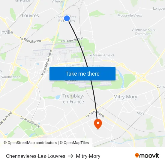 Chennevieres-Les-Louvres to Mitry-Mory map