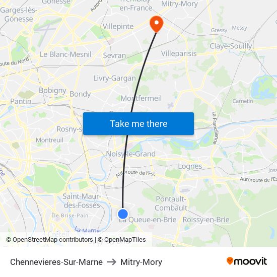 Chennevieres-Sur-Marne to Mitry-Mory map