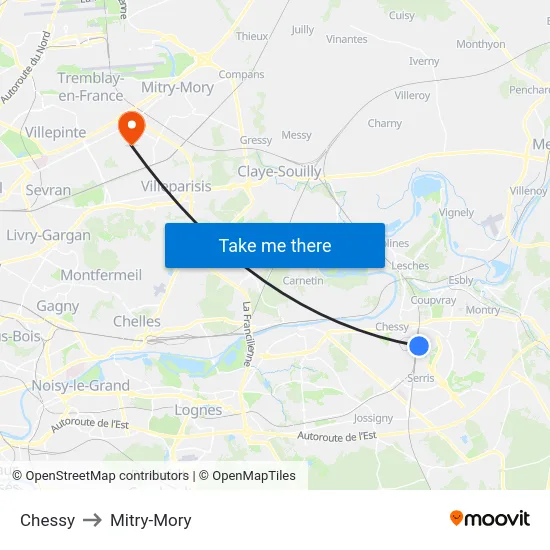 Chessy to Mitry-Mory map