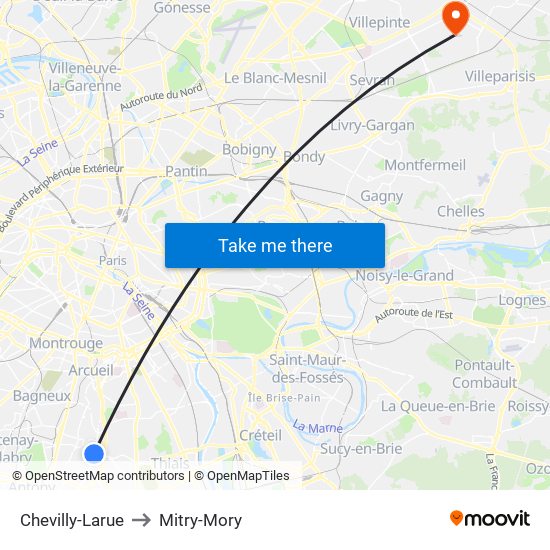 Chevilly-Larue to Mitry-Mory map