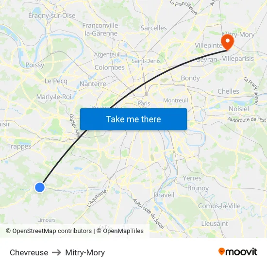Chevreuse to Mitry-Mory map