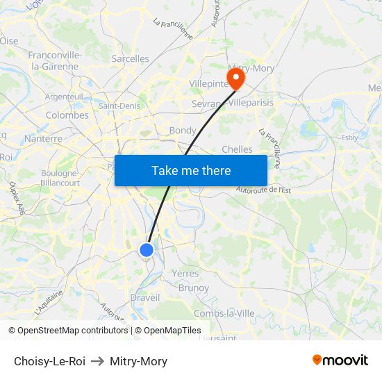 Choisy-Le-Roi to Mitry-Mory map