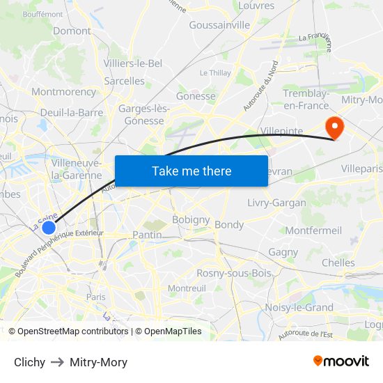 Clichy to Mitry-Mory map