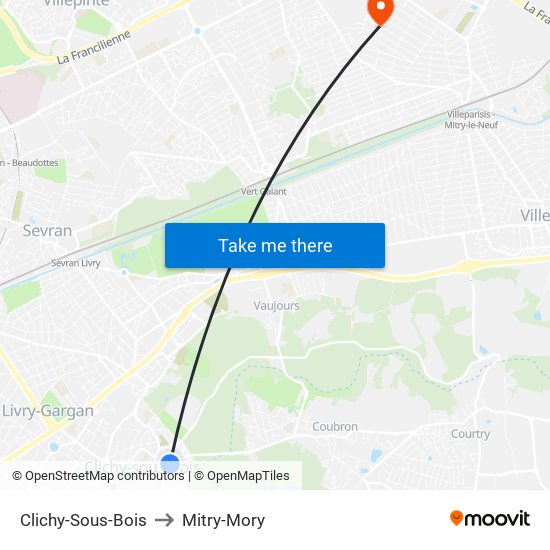 Clichy-Sous-Bois to Mitry-Mory map