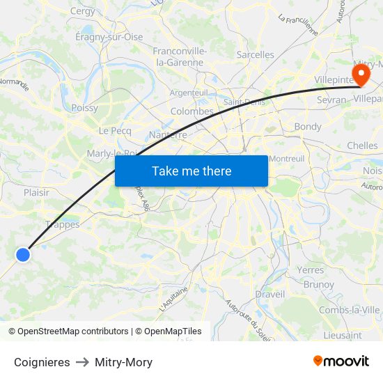 Coignieres to Mitry-Mory map
