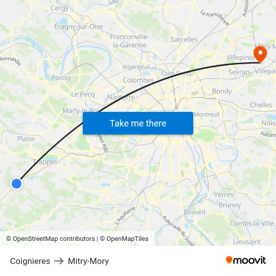 Coignieres to Mitry-Mory map
