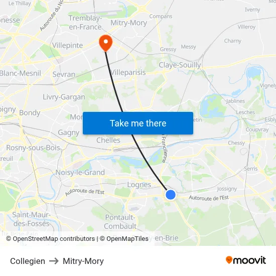 Collegien to Mitry-Mory map