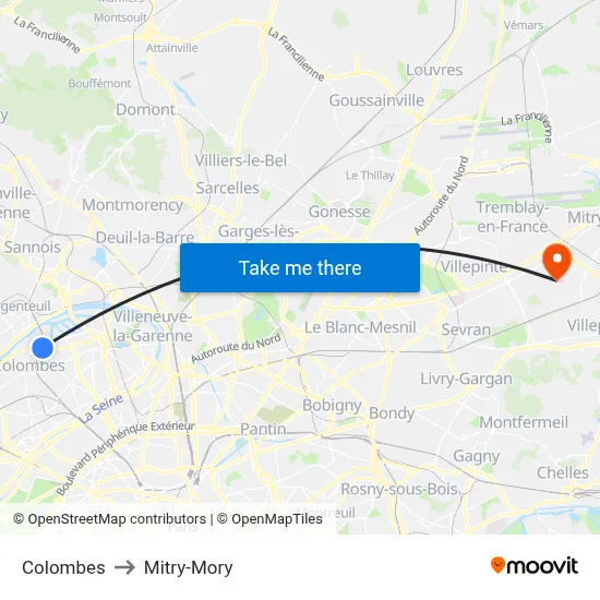 Colombes to Mitry-Mory map