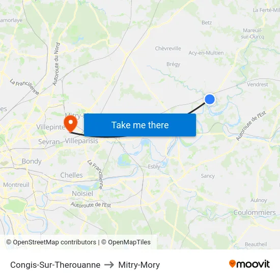 Congis-Sur-Therouanne to Mitry-Mory map