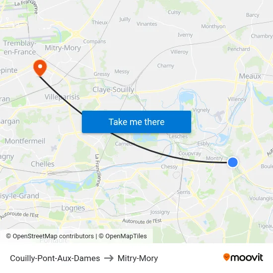 Couilly-Pont-Aux-Dames to Mitry-Mory map