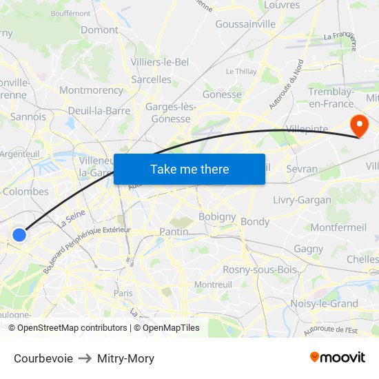 Courbevoie to Mitry-Mory map