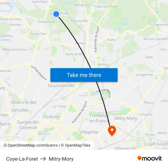 Coye-La-Foret to Mitry-Mory map