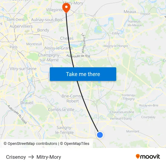 Crisenoy to Mitry-Mory map