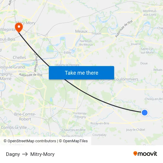 Dagny to Mitry-Mory map