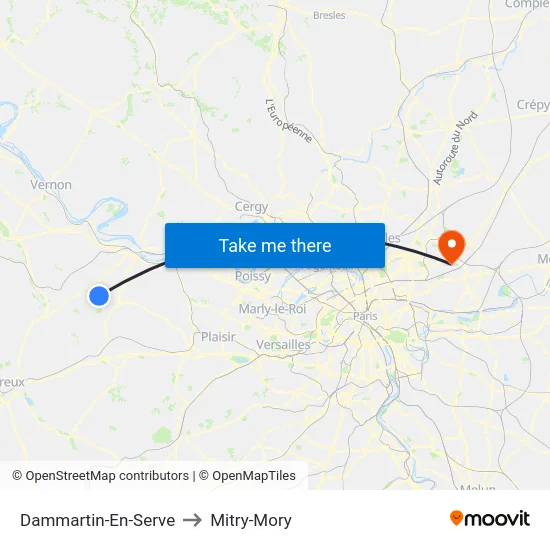 Dammartin-En-Serve to Mitry-Mory map