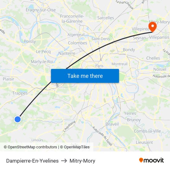 Dampierre-En-Yvelines to Mitry-Mory map