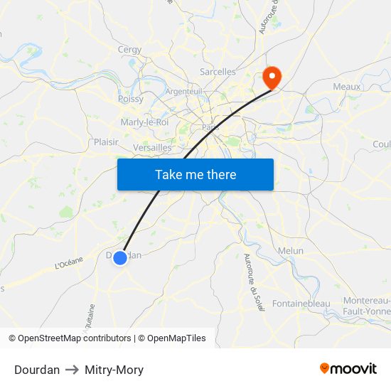 Dourdan to Mitry-Mory map