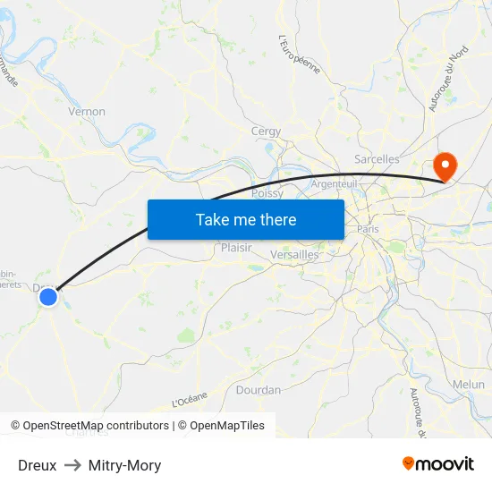 Dreux to Mitry-Mory map