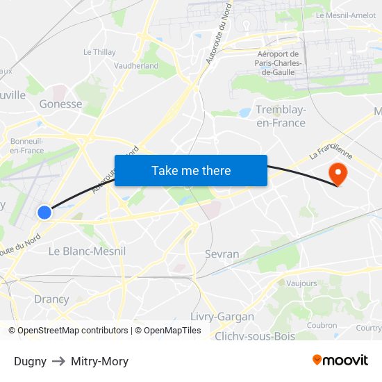 Dugny to Mitry-Mory map