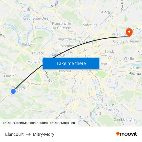 Elancourt to Mitry-Mory map