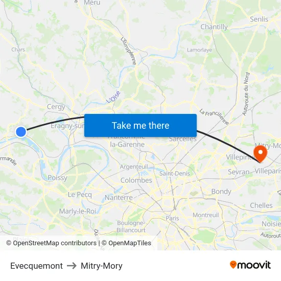 Evecquemont to Mitry-Mory map