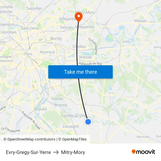 Evry-Gregy-Sur-Yerre to Mitry-Mory map