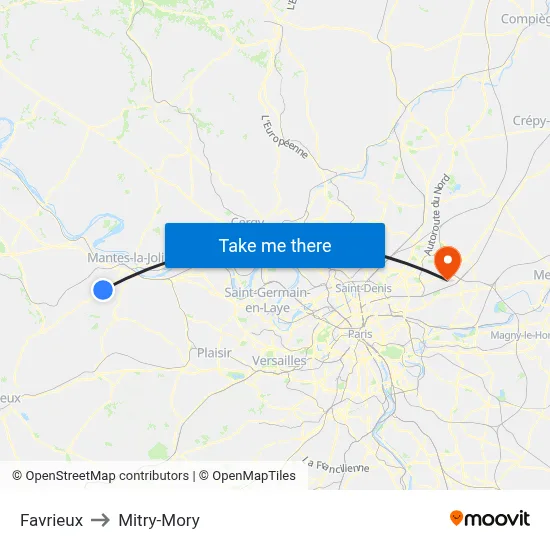 Favrieux to Mitry-Mory map