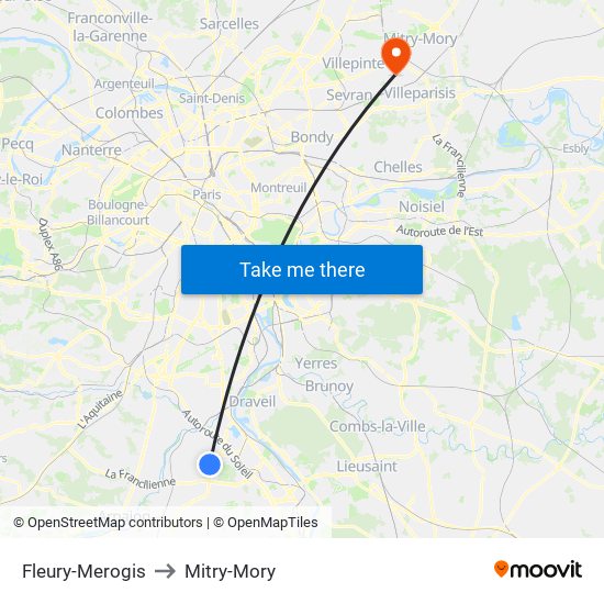 Fleury-Merogis to Mitry-Mory map