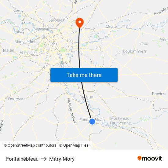 Fontainebleau to Mitry-Mory map