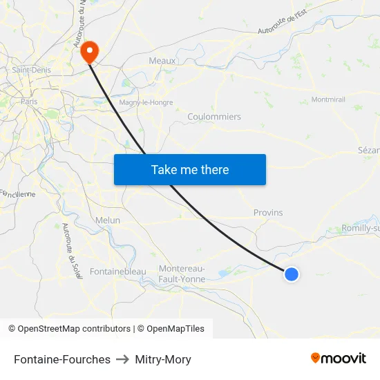 Fontaine-Fourches to Mitry-Mory map