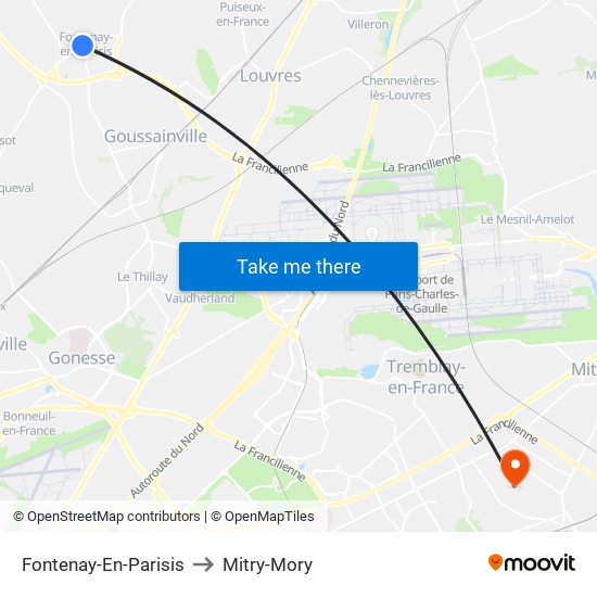 Fontenay-En-Parisis to Mitry-Mory map