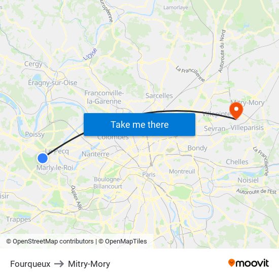 Fourqueux to Mitry-Mory map