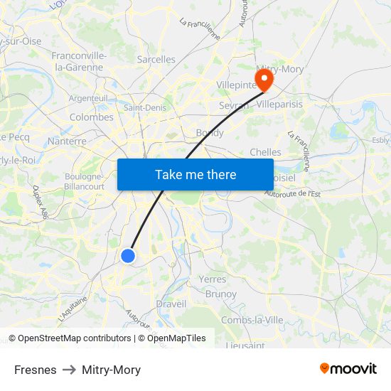 Fresnes to Mitry-Mory map