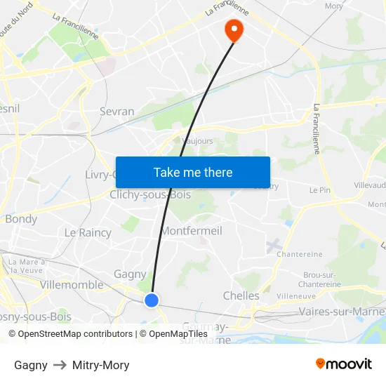 Gagny to Mitry-Mory map