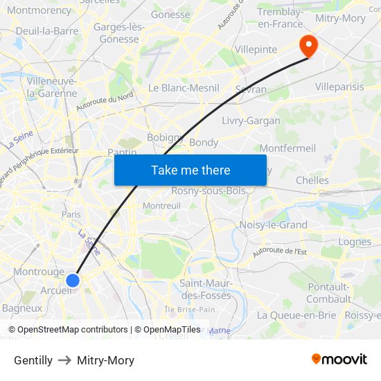 Gentilly to Mitry-Mory map