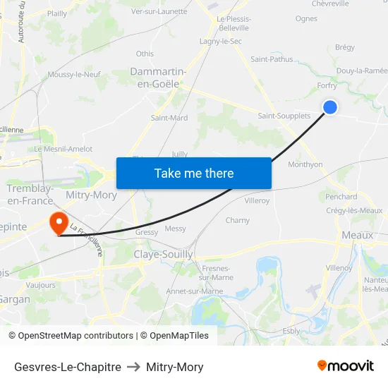 Gesvres-Le-Chapitre to Mitry-Mory map
