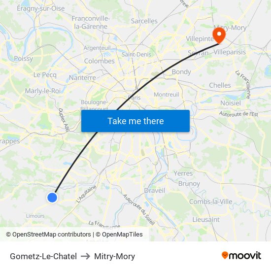 Gometz-Le-Chatel to Mitry-Mory map
