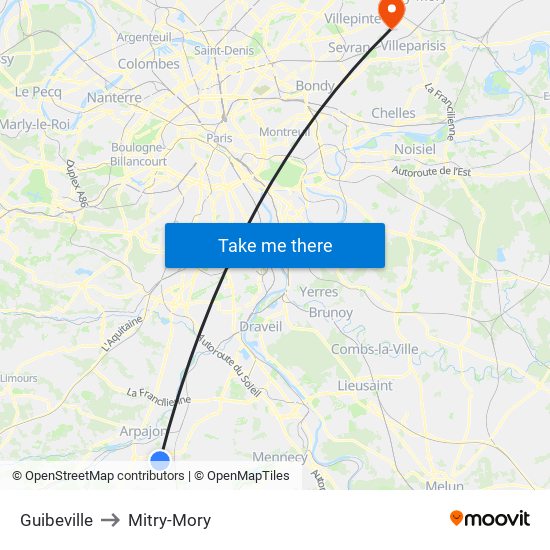 Guibeville to Mitry-Mory map