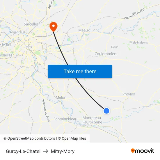 Gurcy-Le-Chatel to Mitry-Mory map